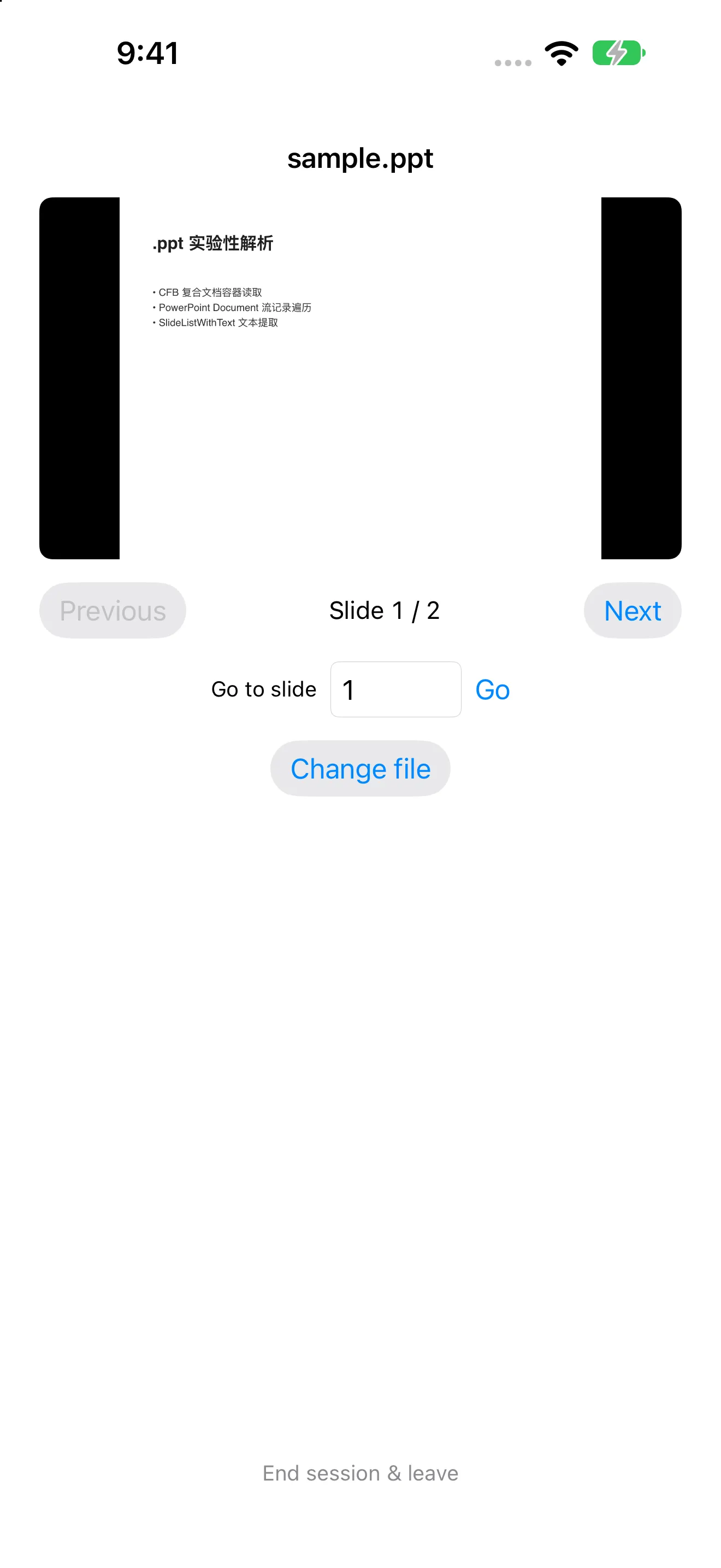 iPhone projector displaying sample.ppt with Slide 1 of 2, Next, and Go to slide controls